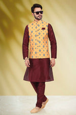 Thumbnail for Raivat Ethnic Art Banarasi Silk Printed Work 3 Pics Jacket Set In Yellow Colour - Distacart