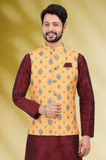 Thumbnail for Raivat Ethnic Art Banarasi Silk Printed Work 3 Pics Jacket Set In Yellow Colour - Distacart