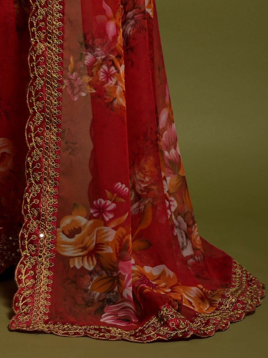 Anouk Red & Yellow Floral Printed & Embroidered Border Pure Georgette Saree - Distacart