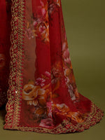 Thumbnail for Anouk Red & Yellow Floral Printed & Embroidered Border Pure Georgette Saree - Distacart