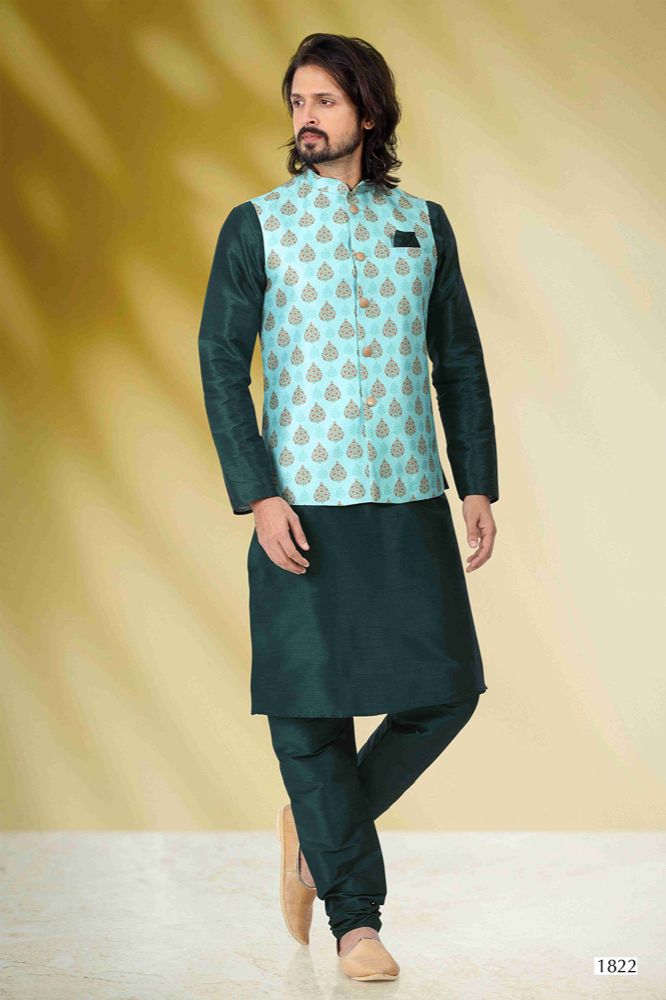 Raivat Ethnic Art Banarasi Silk Printed Work 3 Pics Jacket Set In Sea Green Colour - Distacart