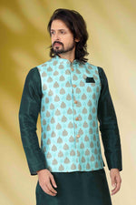 Thumbnail for Raivat Ethnic Art Banarasi Silk Printed Work 3 Pics Jacket Set In Sea Green Colour - Distacart