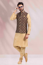 Thumbnail for Raivat Ethnic Art Banarasi Silk Printed Work 3 Pics Jacket Set In Brown Colour - Distacart
