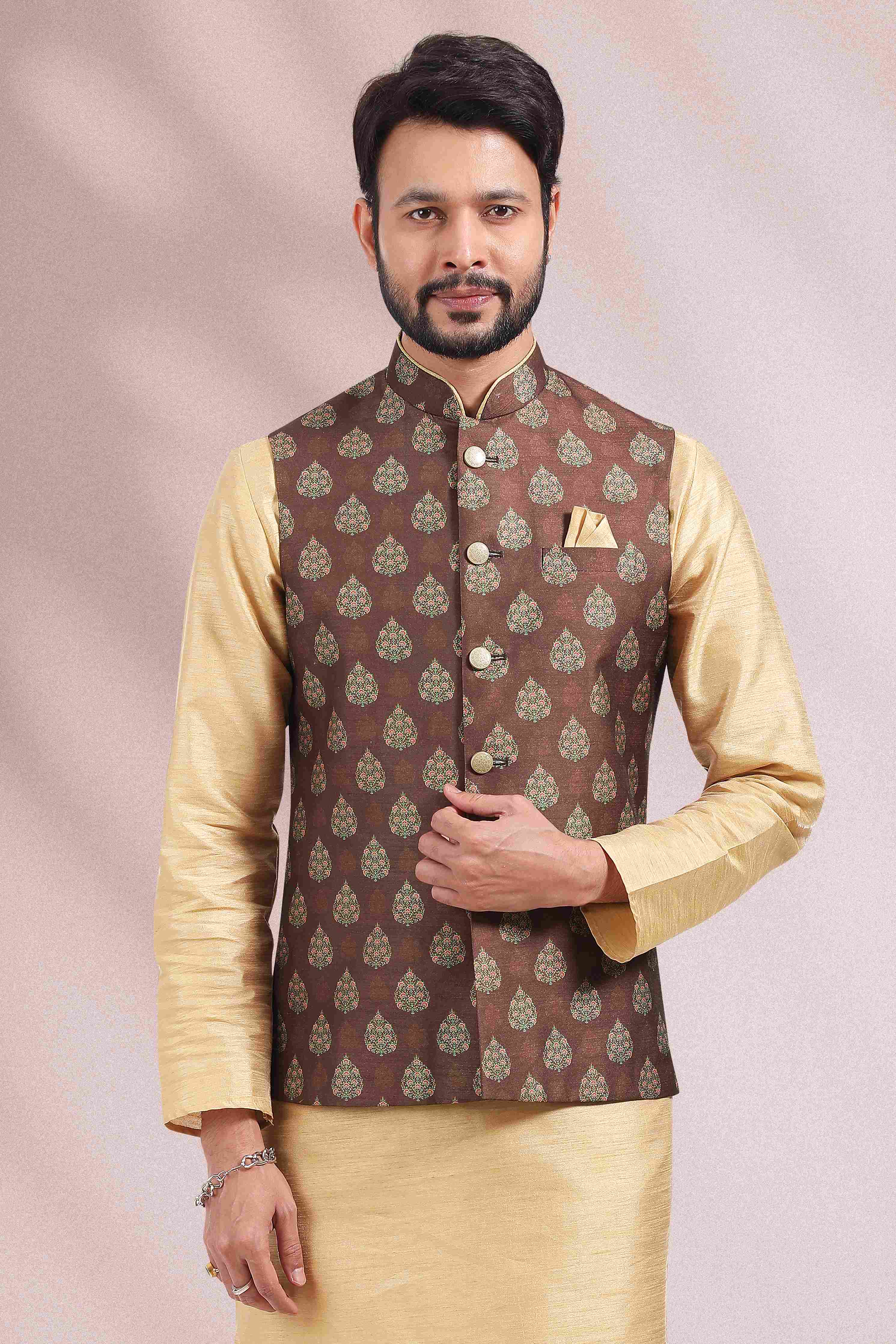 Raivat Ethnic Art Banarasi Silk Printed Work 3 Pics Jacket Set In Brown Colour - Distacart