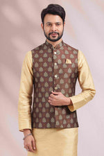Thumbnail for Raivat Ethnic Art Banarasi Silk Printed Work 3 Pics Jacket Set In Brown Colour - Distacart