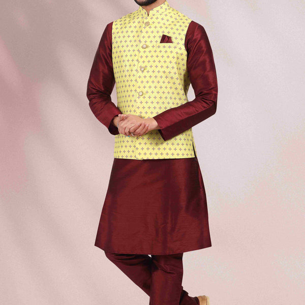 Raivat Ethnic Art Banarasi Silk Printed Work 3 Pics Jacket Set In Yellow Colour - Distacart