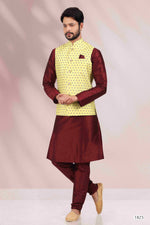 Thumbnail for Raivat Ethnic Art Banarasi Silk Printed Work 3 Pics Jacket Set In Yellow Colour - Distacart