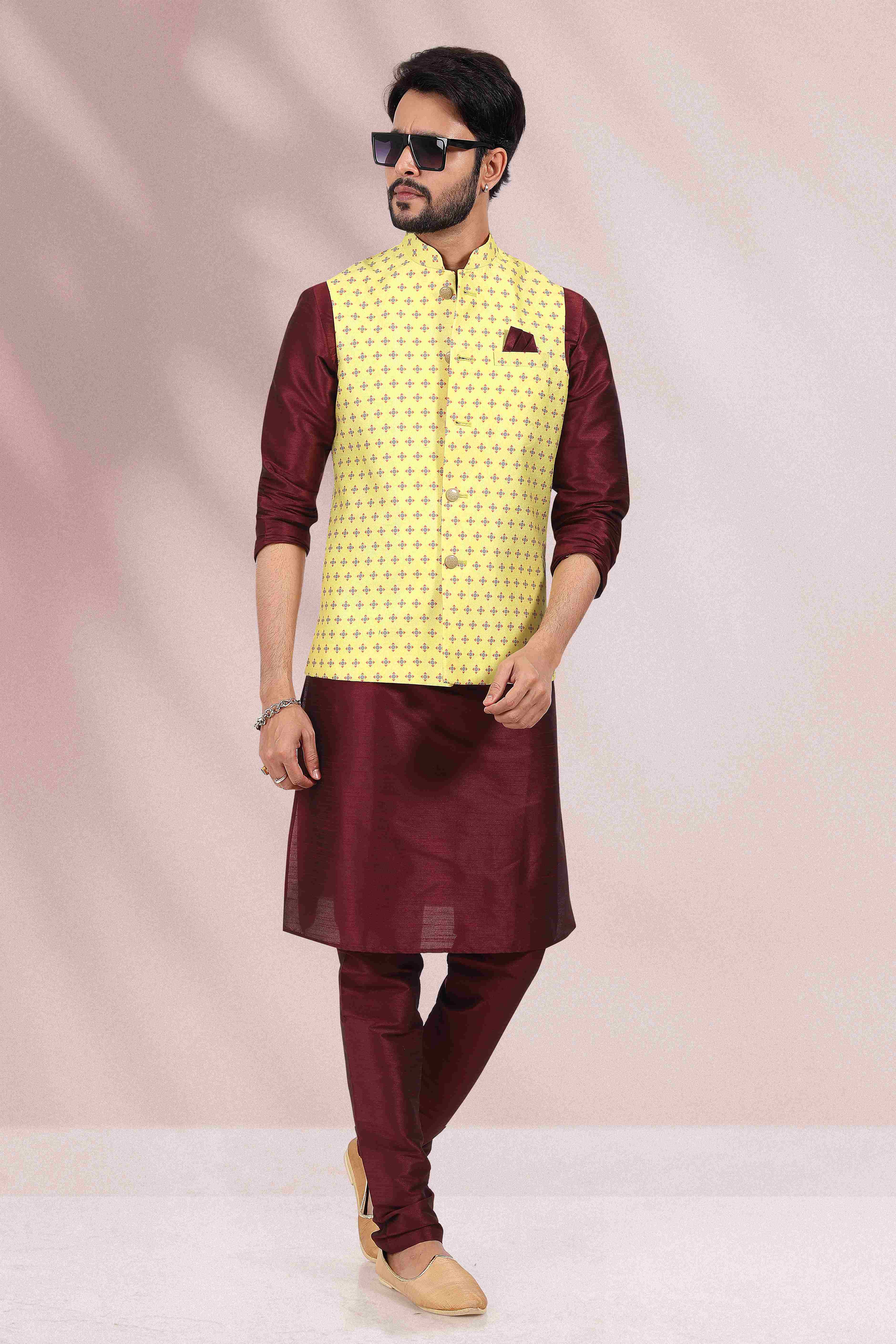 Raivat Ethnic Art Banarasi Silk Printed Work 3 Pics Jacket Set In Yellow Colour - Distacart