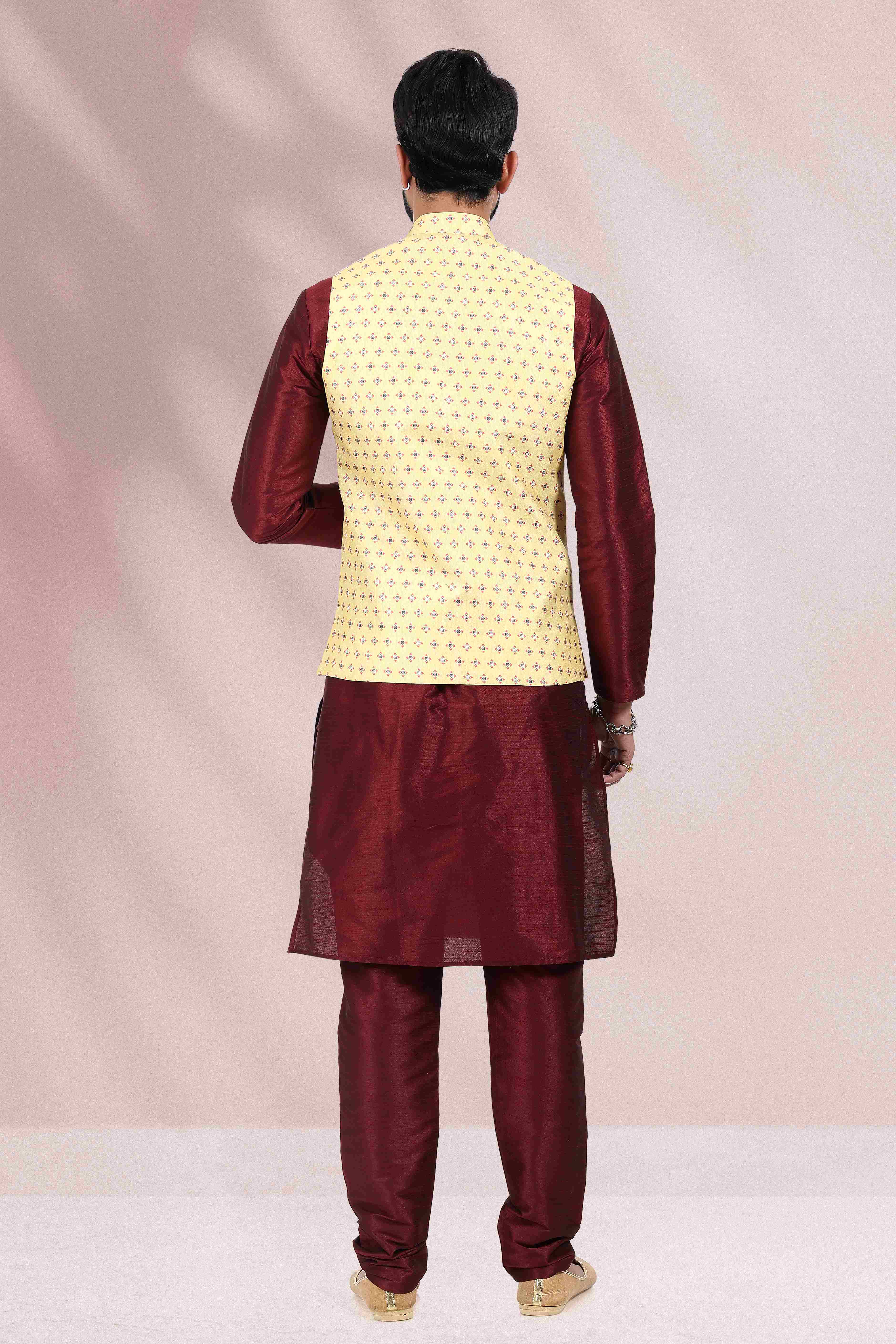 Raivat Ethnic Art Banarasi Silk Printed Work 3 Pics Jacket Set In Yellow Colour - Distacart