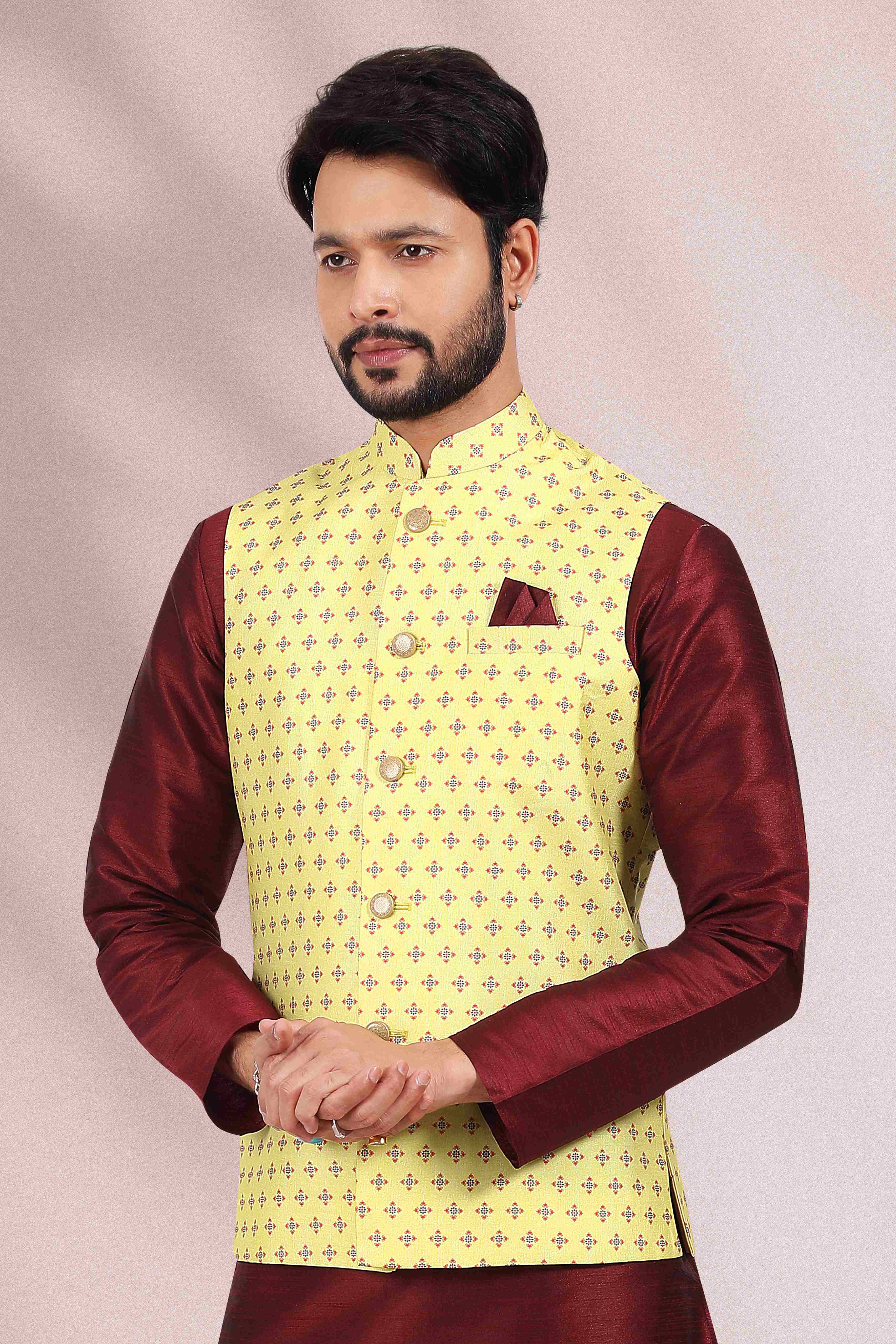 Raivat Ethnic Art Banarasi Silk Printed Work 3 Pics Jacket Set In Yellow Colour - Distacart