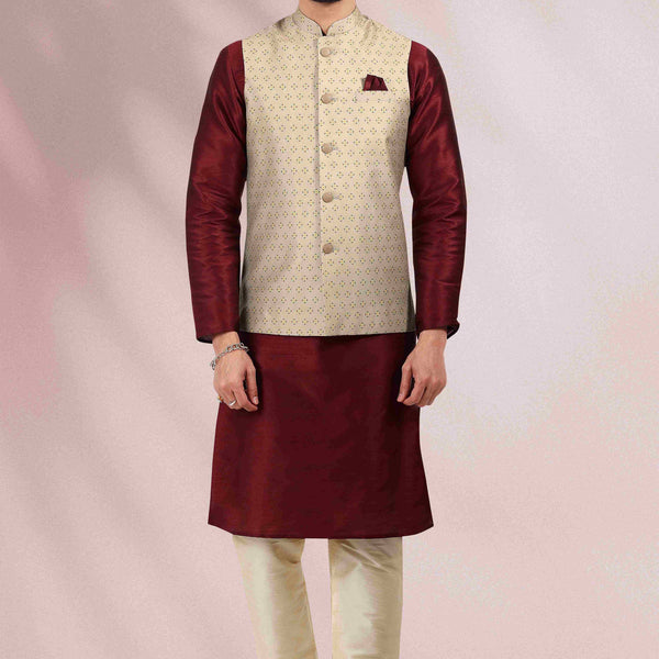 Raivat Ethnic Art Banarasi Silk Printed Work 3 Pics Jacket Set In Cream Colour - Distacart