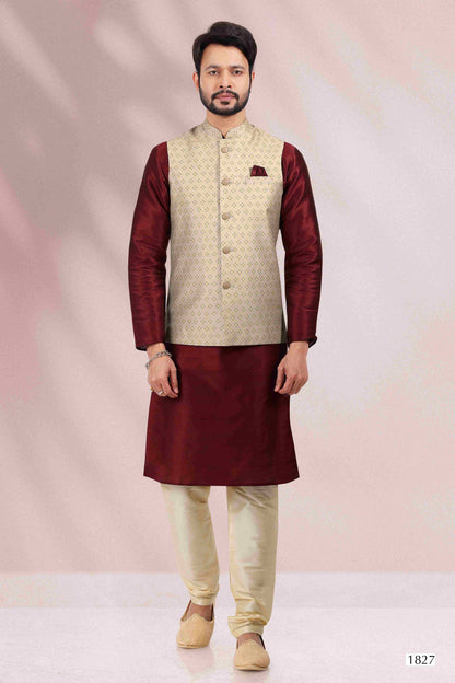 Raivat Ethnic Art Banarasi Silk Printed Work 3 Pics Jacket Set In Cream Colour - Distacart