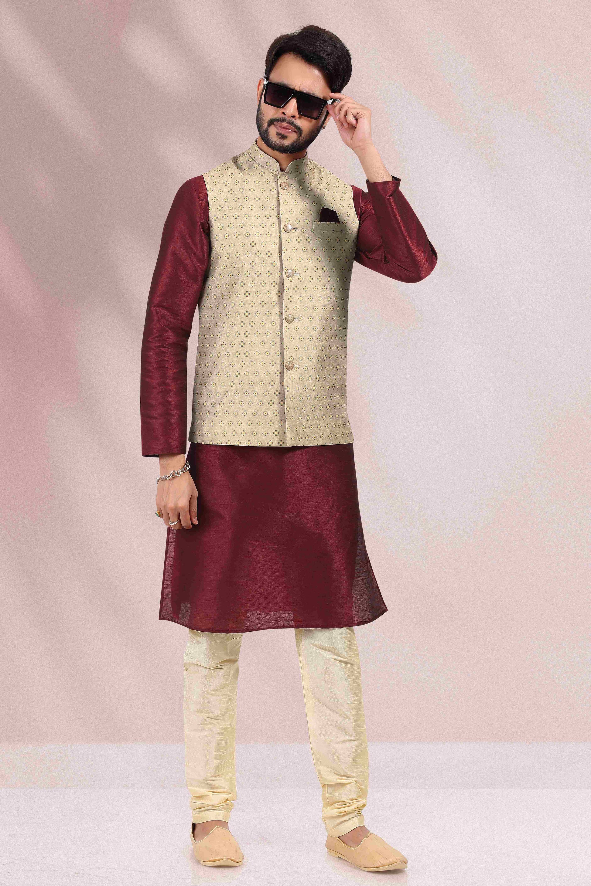 Raivat Ethnic Art Banarasi Silk Printed Work 3 Pics Jacket Set In Cream Colour - Distacart