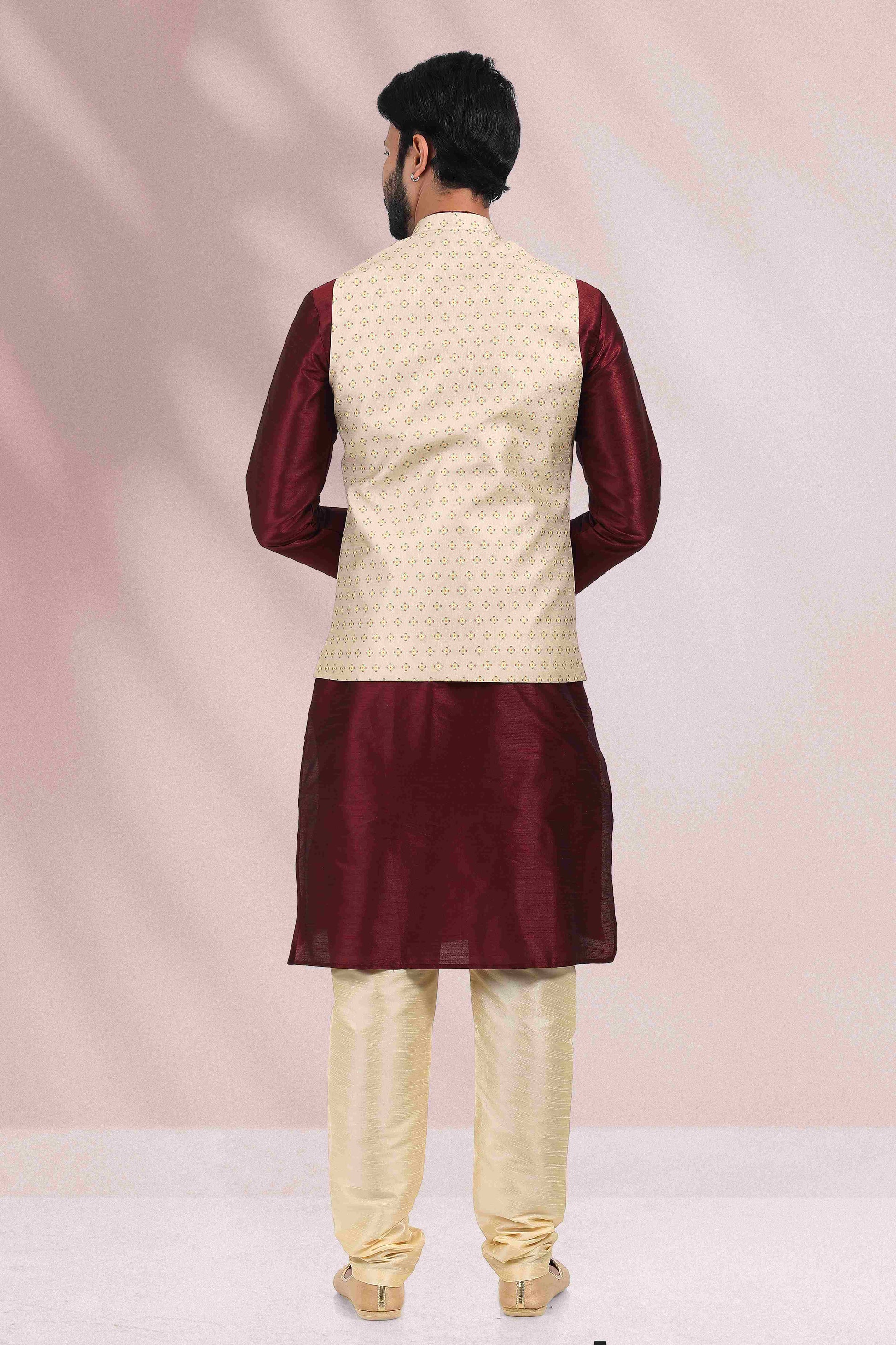 Raivat Ethnic Art Banarasi Silk Printed Work 3 Pics Jacket Set In Cream Colour - Distacart