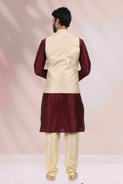 Raivat Ethnic Art Banarasi Silk Printed Work 3 Pics Jacket Set In Cream Colour - Distacart