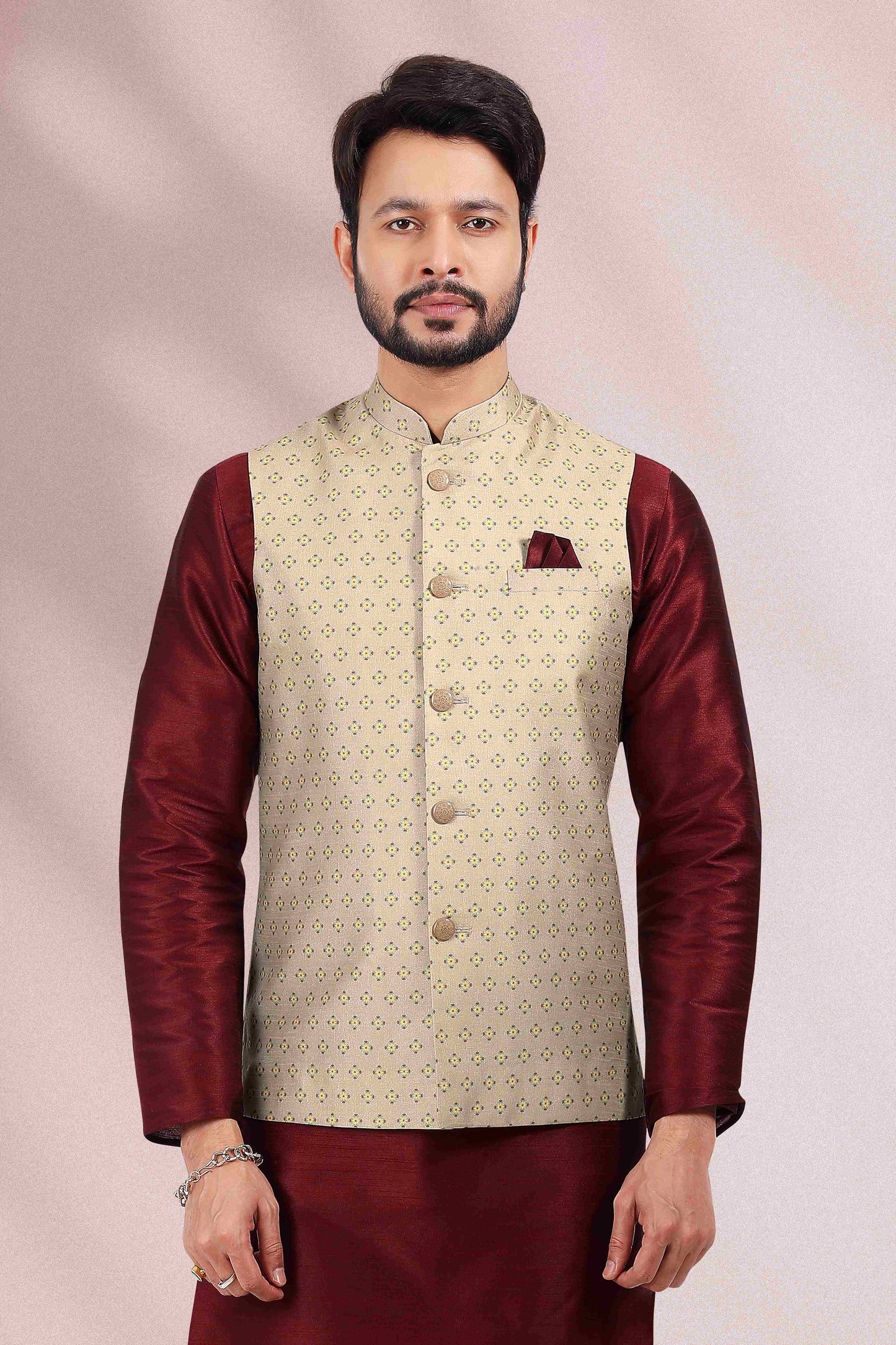 Raivat Ethnic Art Banarasi Silk Printed Work 3 Pics Jacket Set In Cream Colour - Distacart