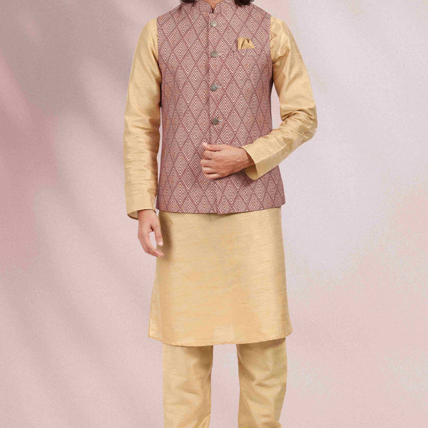 Raivat Ethnic Art Banarasi Silk Printed Work 3 Pics Jacket Set In Maroon Colour - Distacart