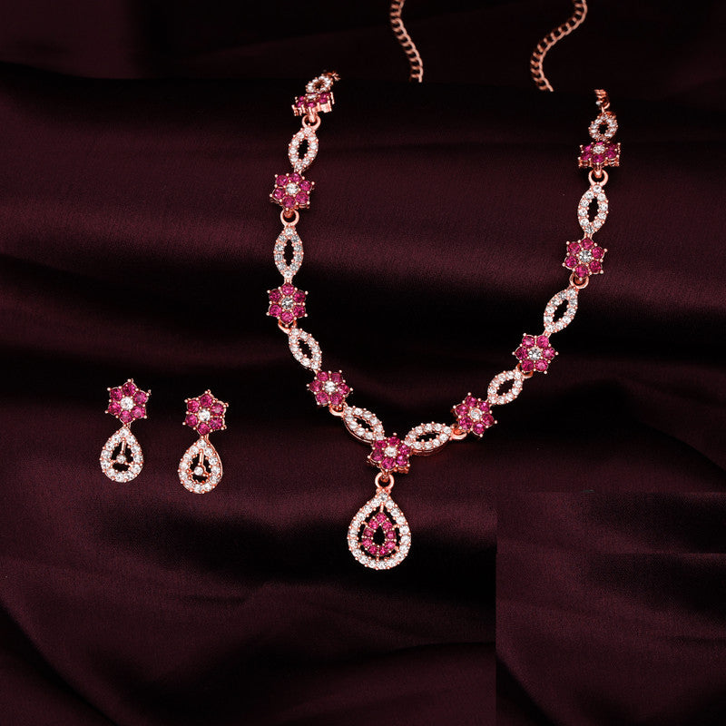 Tehzeeb Creations Elegant Pink Polished American Diamond (Ad) Studded Necklace And Earring Set For Women - Distacart