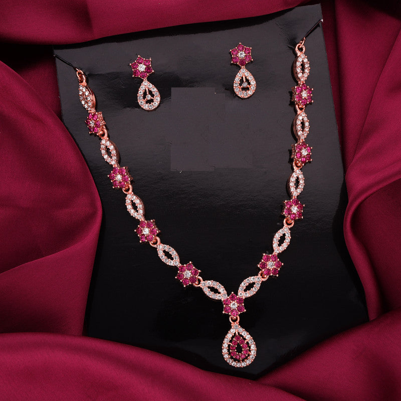 Tehzeeb Creations Elegant Pink Polished American Diamond (Ad) Studded Necklace And Earring Set For Women - Distacart