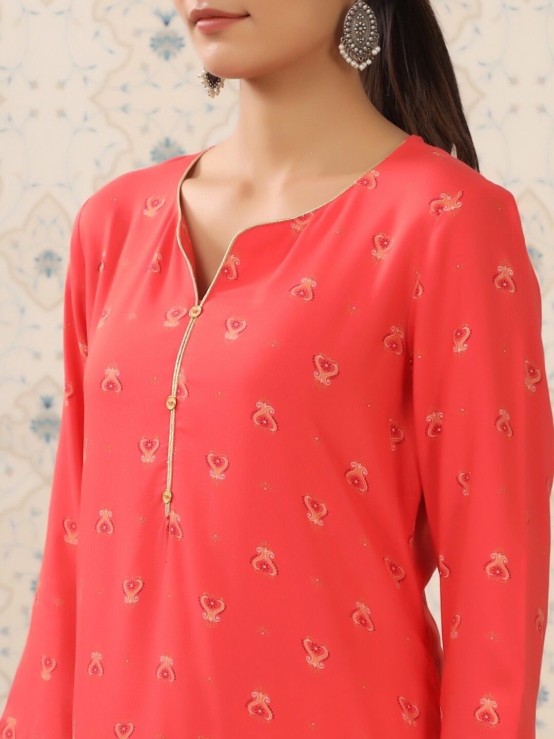 Ode by House of Pataudi Red & Yellow Ethnic Motif Printed Notched Neck Kurta With Palazzos - Distacart