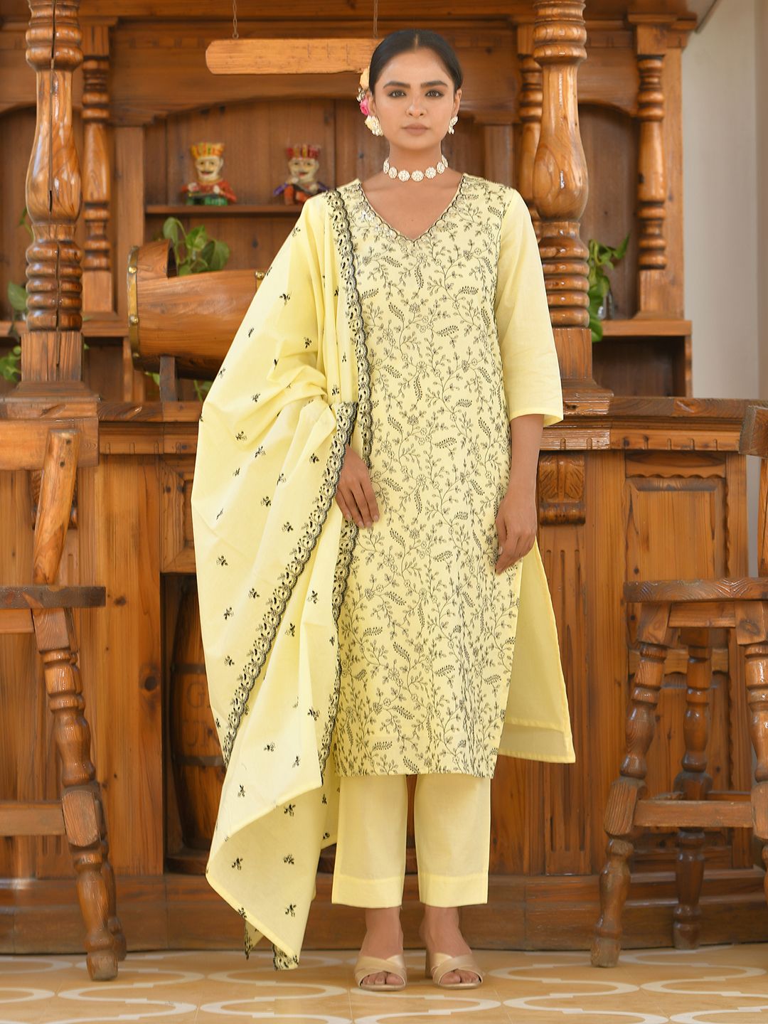 Vaasva Women's Cotton Solid Lemon Embroidered Suit Set - Distacart