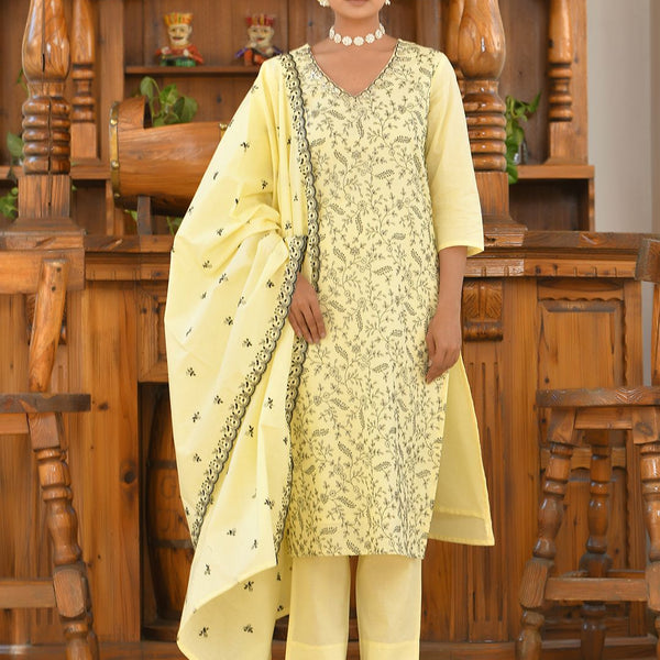 Vaasva Women's Cotton Solid Lemon Embroidered Suit Set - Distacart