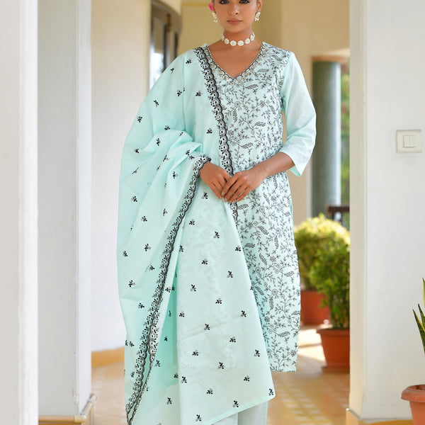 Vaasva Women's Cotton Solid Sky Embroidered Suit Set - Distacart