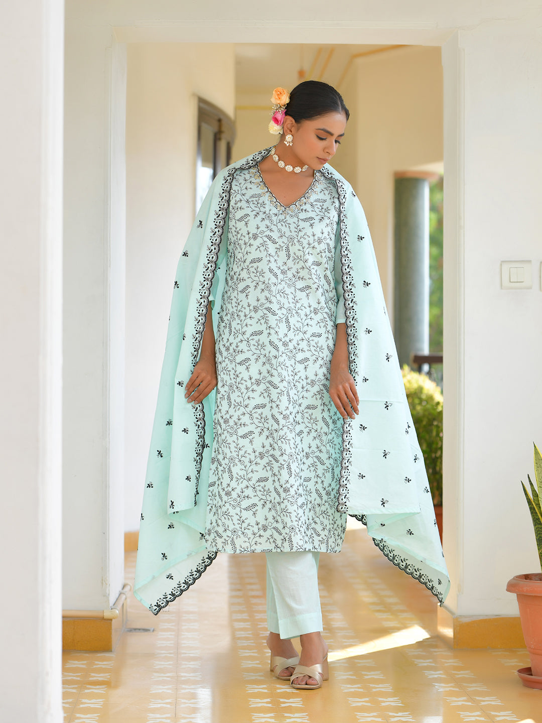 Vaasva Women's Cotton Solid Sky Embroidered Suit Set - Distacart