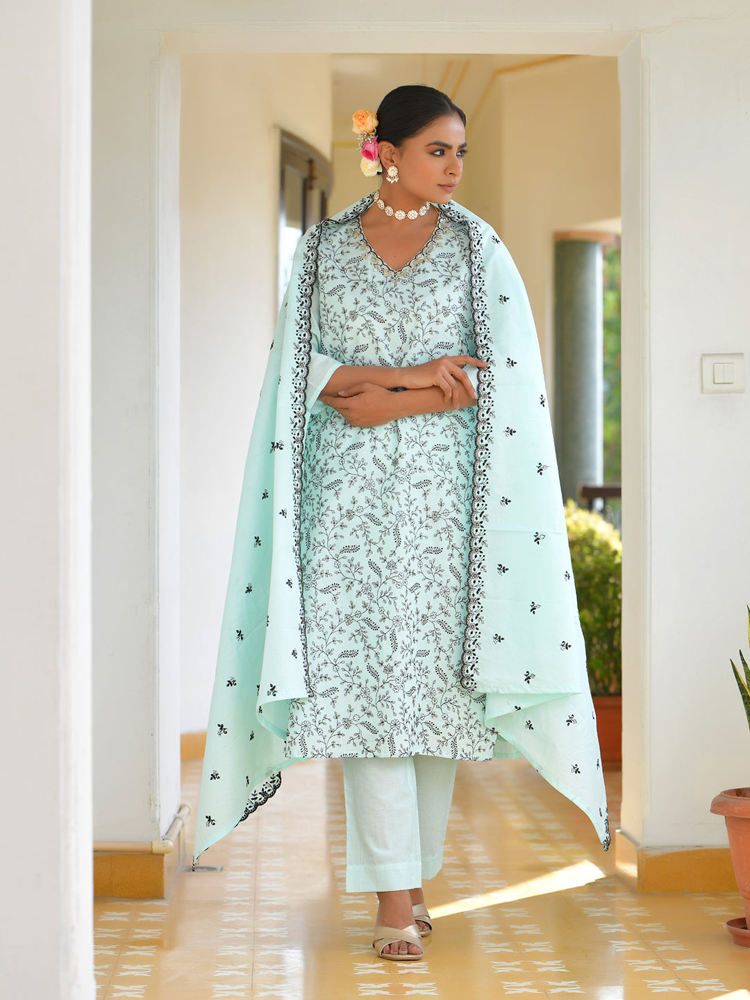 Vaasva Women's Cotton Solid Sky Embroidered Suit Set - Distacart