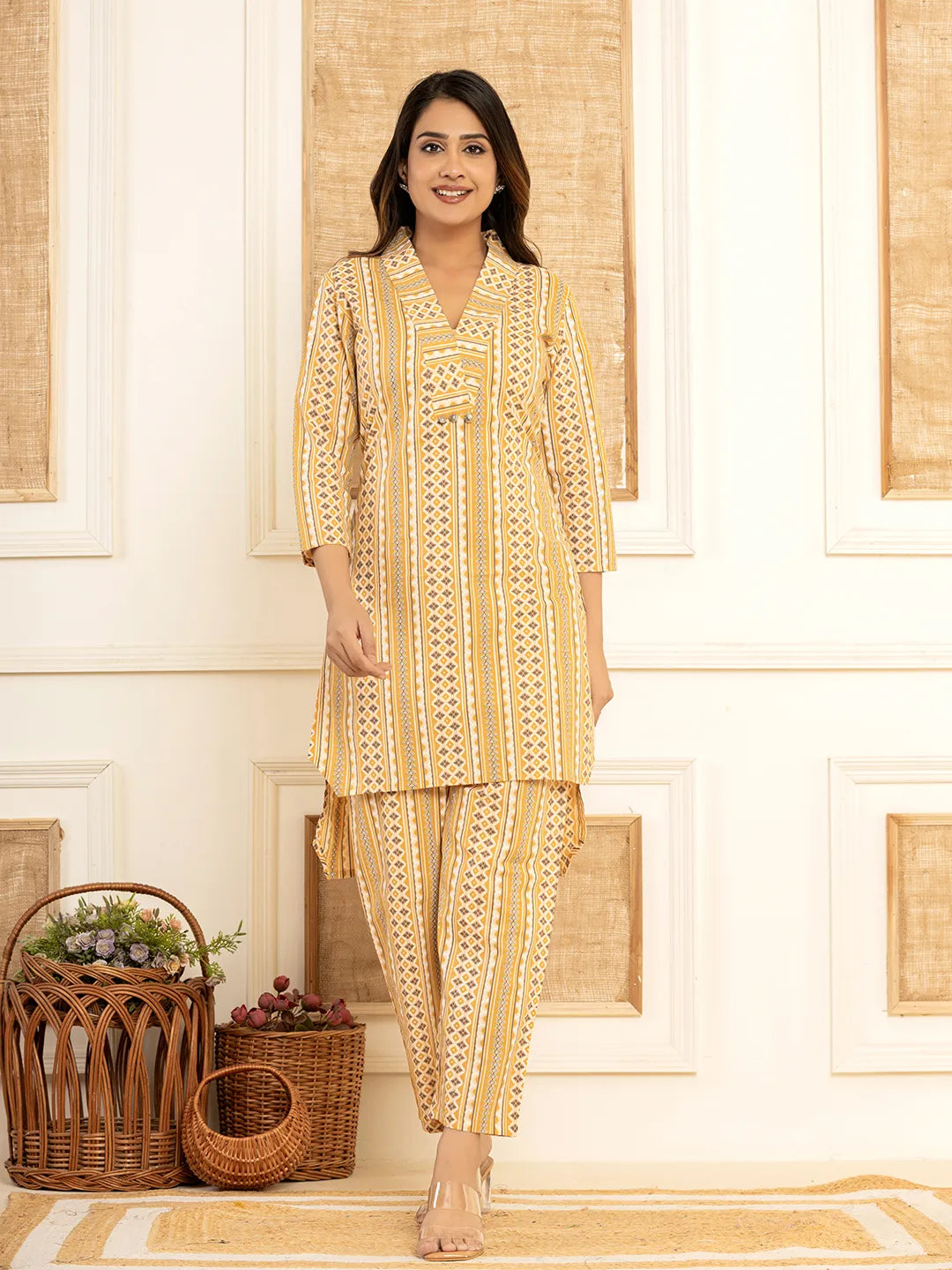 Yufta Mustard Cotton Ethnic Motifs Striped Print Co-Ord Set - Distacart