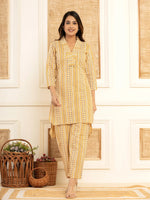 Thumbnail for Yufta Mustard Cotton Ethnic Motifs Striped Print Co-Ord Set