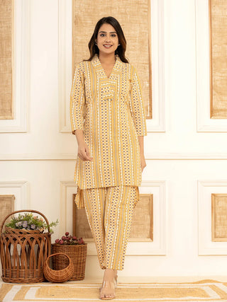 Yufta Mustard Cotton Ethnic Motifs Striped Print Co-Ord Set
