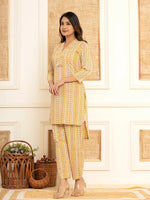Thumbnail for Yufta Mustard Cotton Ethnic Motifs Striped Print Co-Ord Set