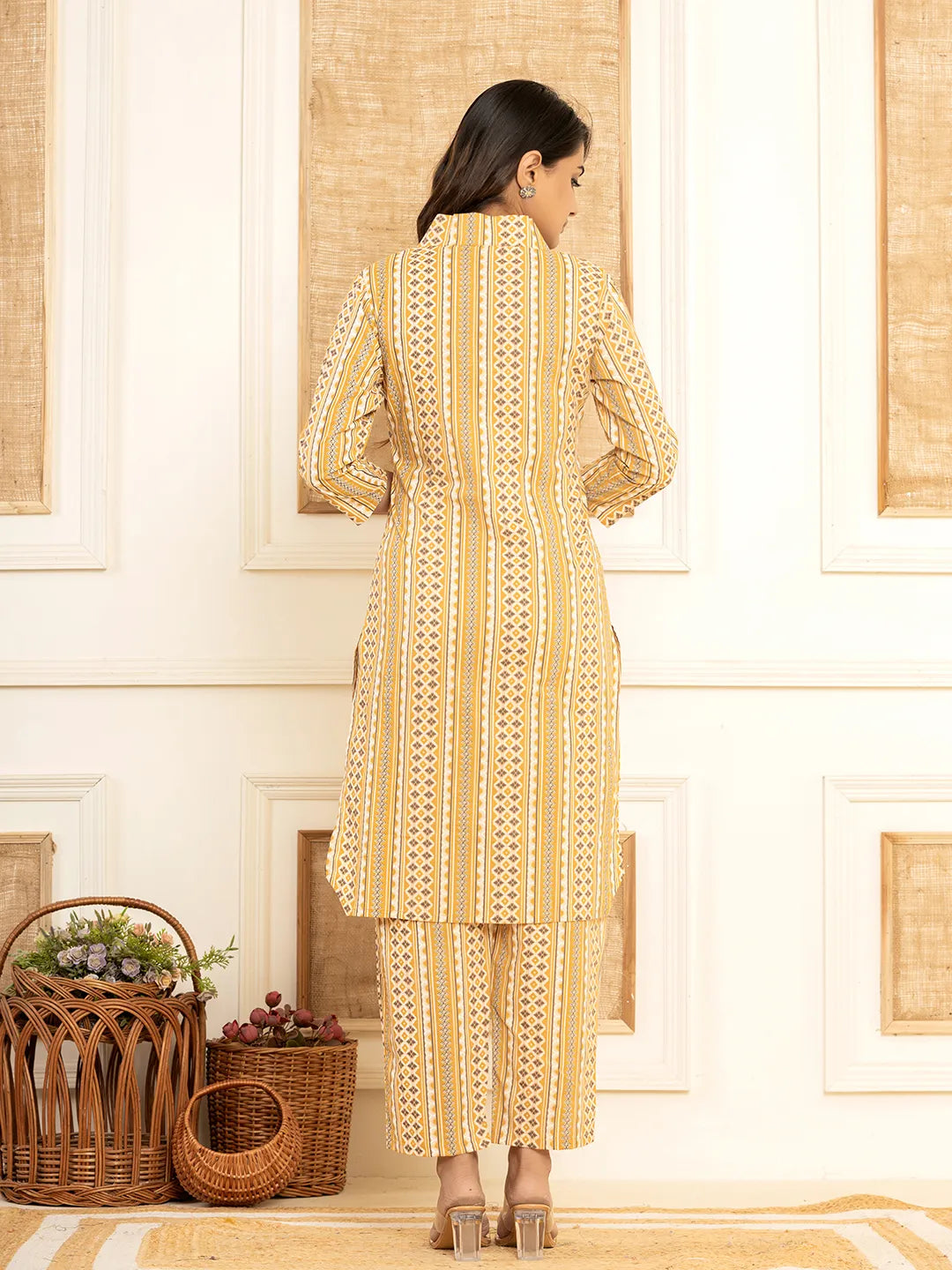 Yufta Mustard Cotton Ethnic Motifs Striped Print Co-Ord Set