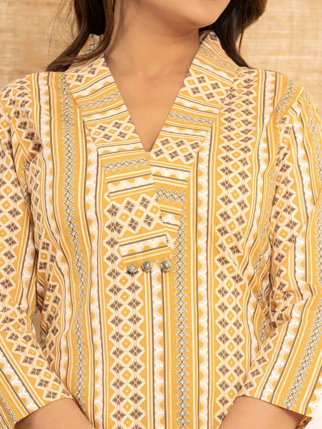 Yufta Mustard Cotton Ethnic Motifs Striped Print Co-Ord Set