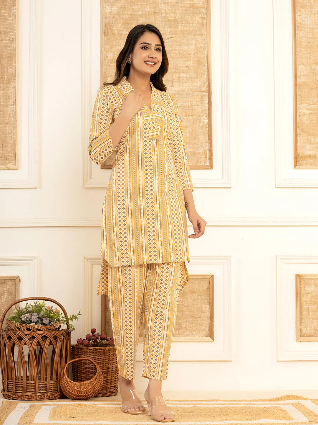Yufta Mustard Cotton Ethnic Motifs Striped Print Co-Ord Set
