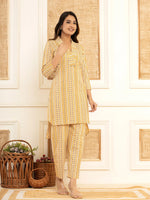 Thumbnail for Yufta Mustard Cotton Ethnic Motifs Striped Print Co-Ord Set