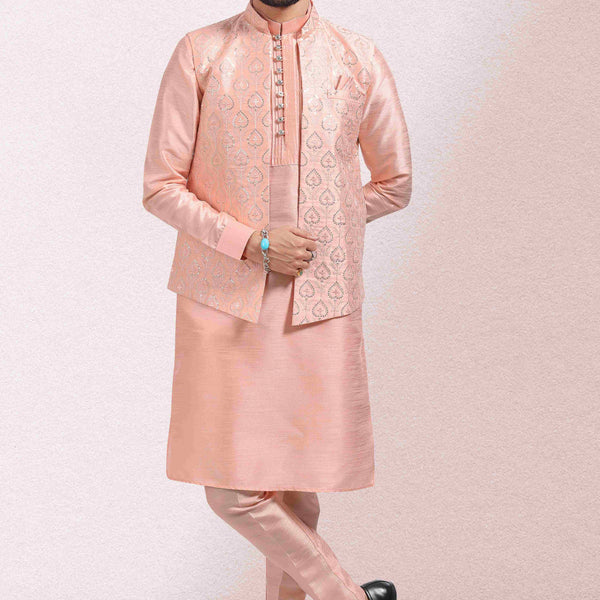 Raivat Ethnic Art Banarasi Silk Thread Work 3 Pics Jacket Set In Peach Colour - Distacart