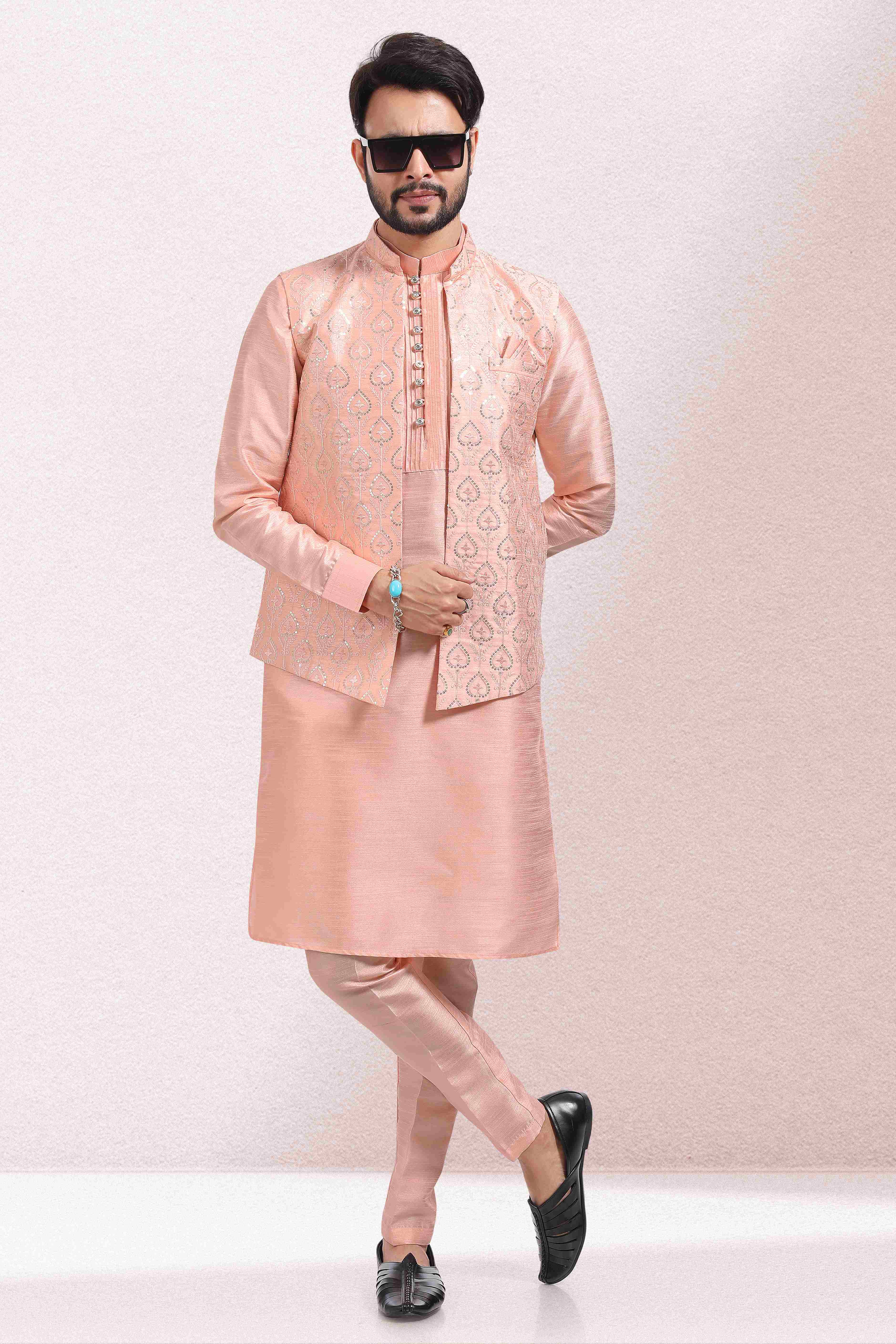 Raivat Ethnic Art Banarasi Silk Thread Work 3 Pics Jacket Set In Peach Colour - Distacart