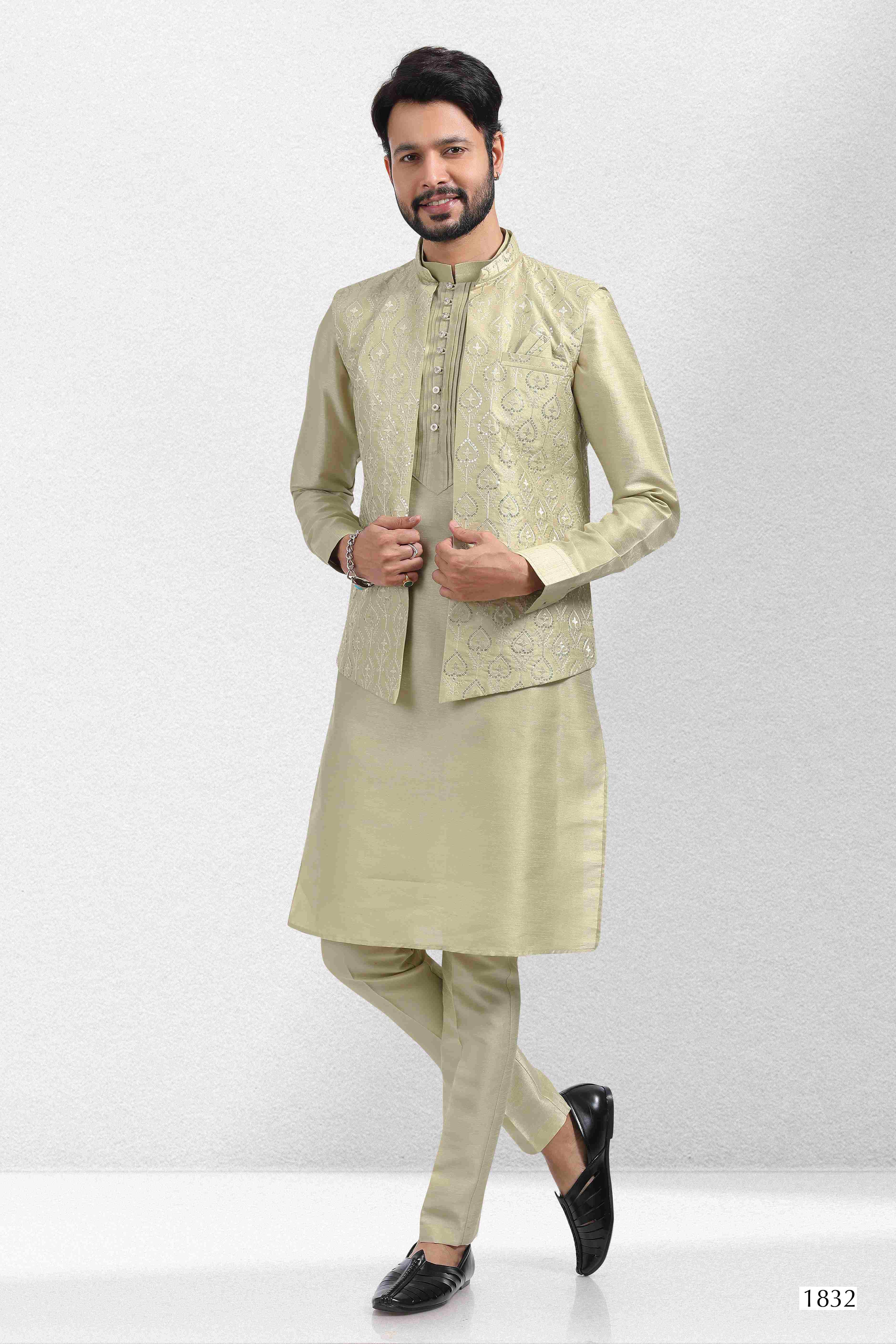 Raivat Ethnic Art Banarasi Silk Thread Work 3 Pics Jacket Set In Pista Green Colour - Distacart