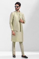 Thumbnail for Raivat Ethnic Art Banarasi Silk Thread Work 3 Pics Jacket Set In Pista Green Colour - Distacart