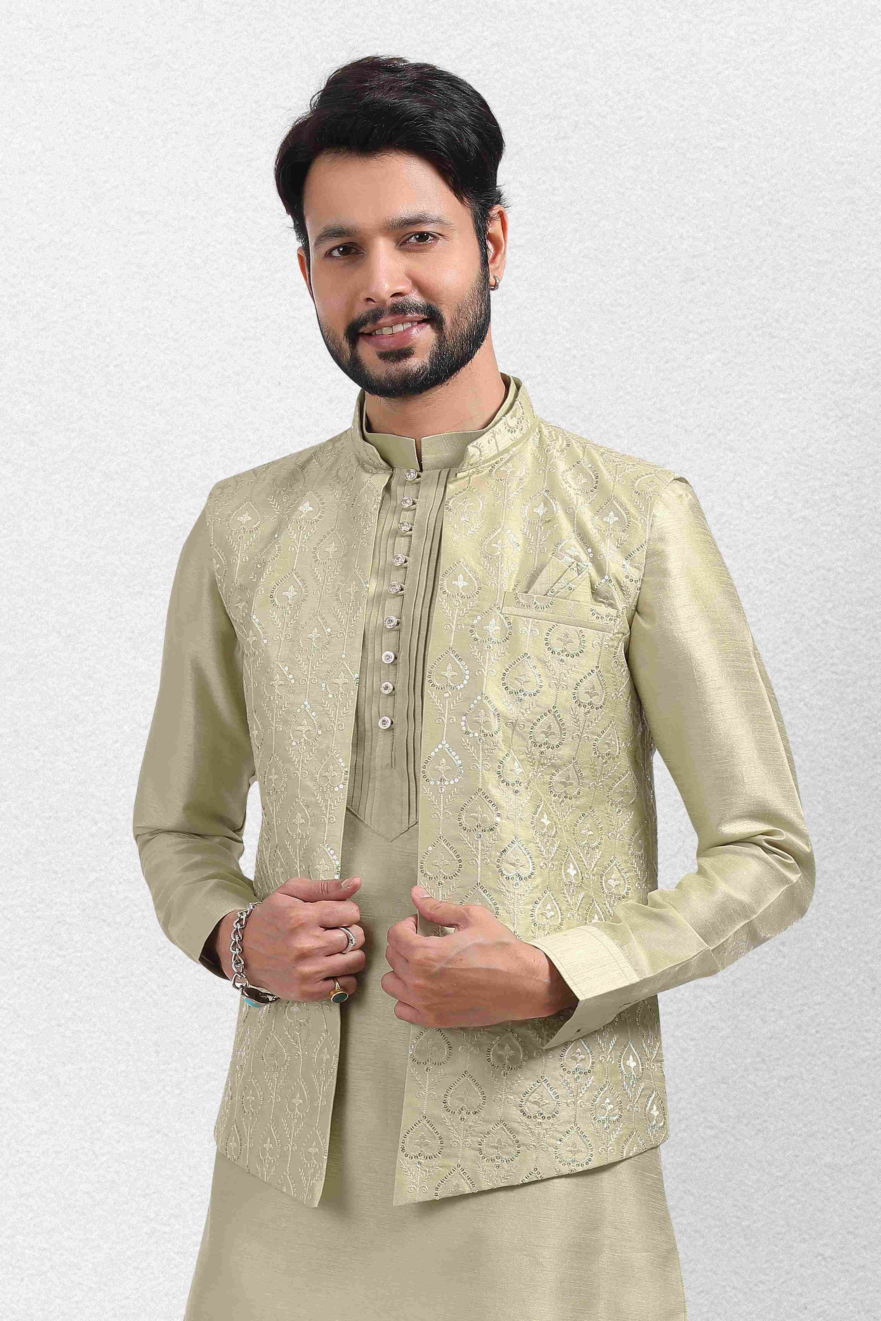 Raivat Ethnic Art Banarasi Silk Thread Work 3 Pics Jacket Set In Pista Green Colour - Distacart