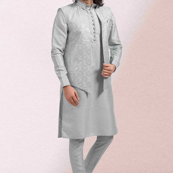 Raivat Ethnic Art Banarasi Silk Thread Work 3 Pics Jacket Set In Grey Colour - Distacart
