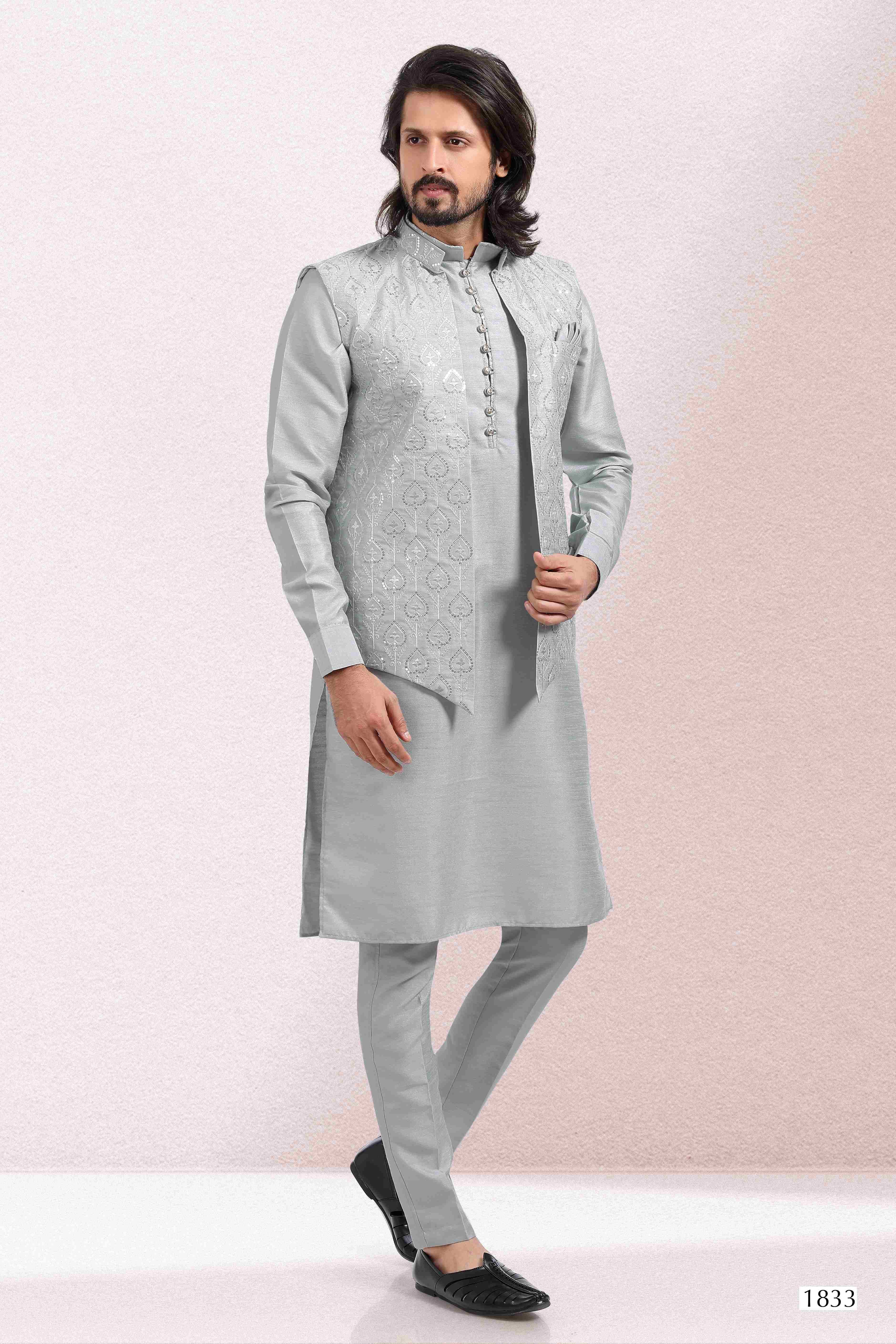 Raivat Ethnic Art Banarasi Silk Thread Work 3 Pics Jacket Set In Grey Colour - Distacart
