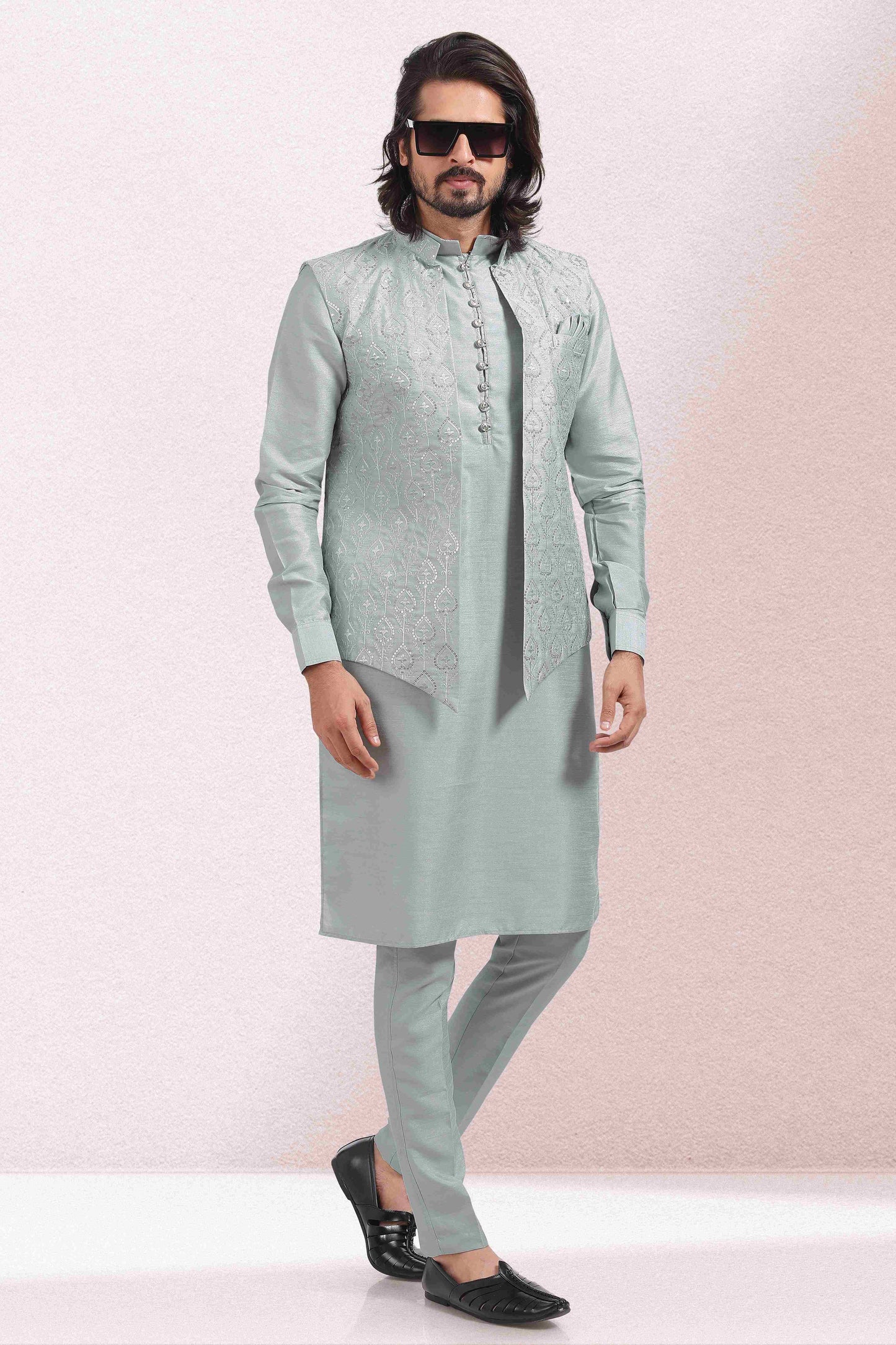 Raivat Ethnic Art Banarasi Silk Thread Work 3 Pics Jacket Set In Grey Colour - Distacart