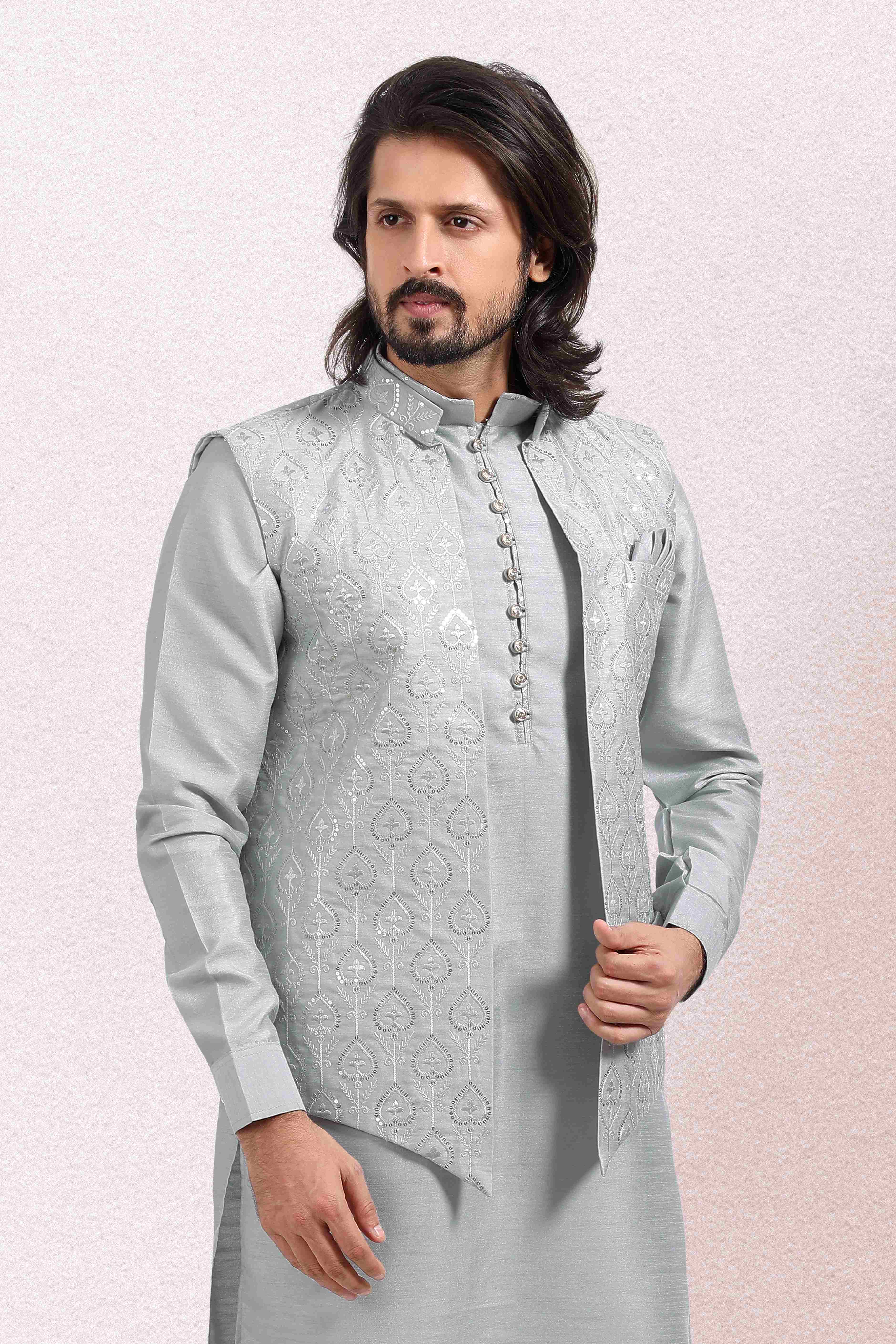 Raivat Ethnic Art Banarasi Silk Thread Work 3 Pics Jacket Set In Grey Colour - Distacart