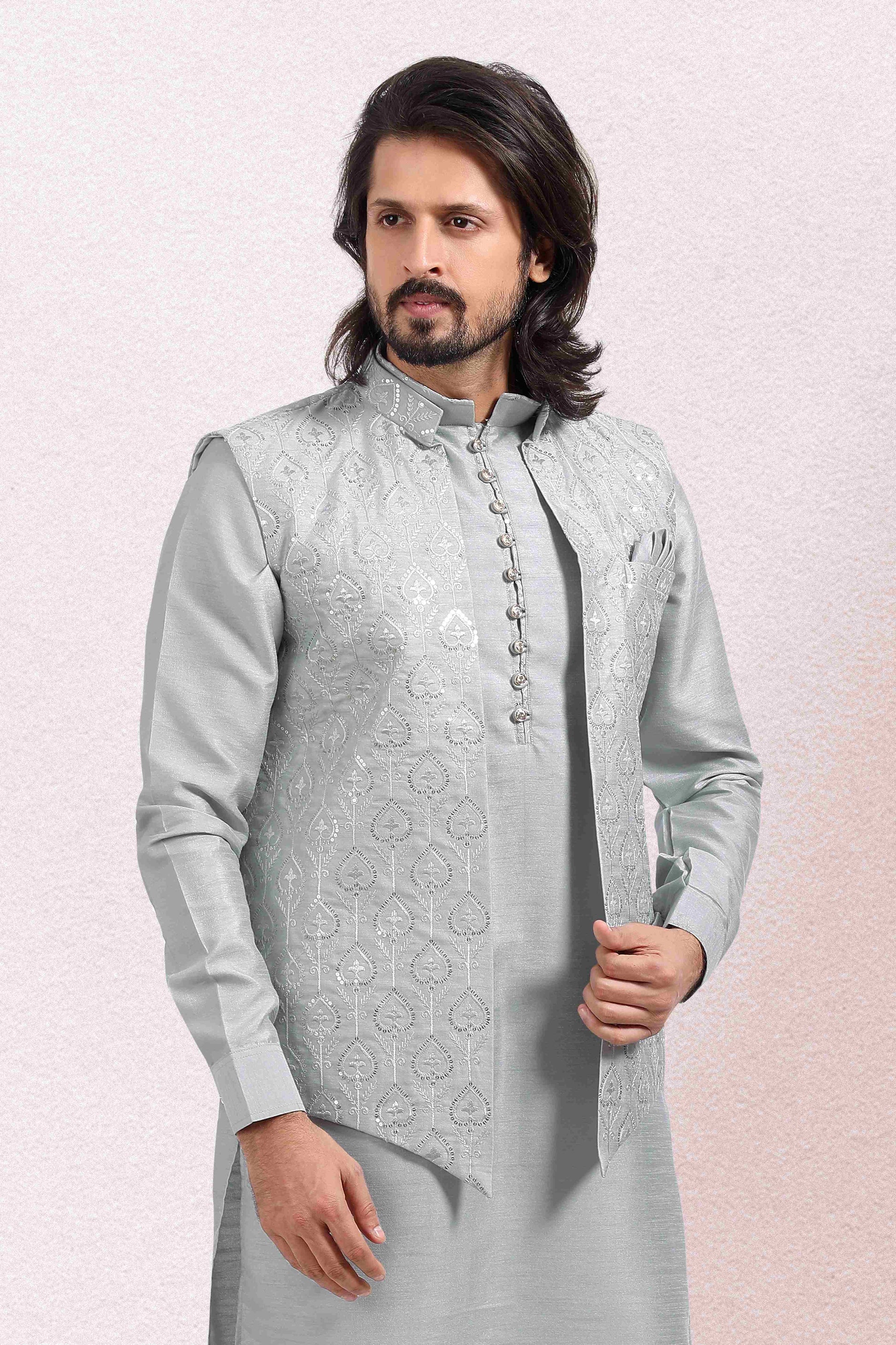 Raivat Ethnic Art Banarasi Silk Thread Work 3 Pics Jacket Set In Grey Colour - Distacart
