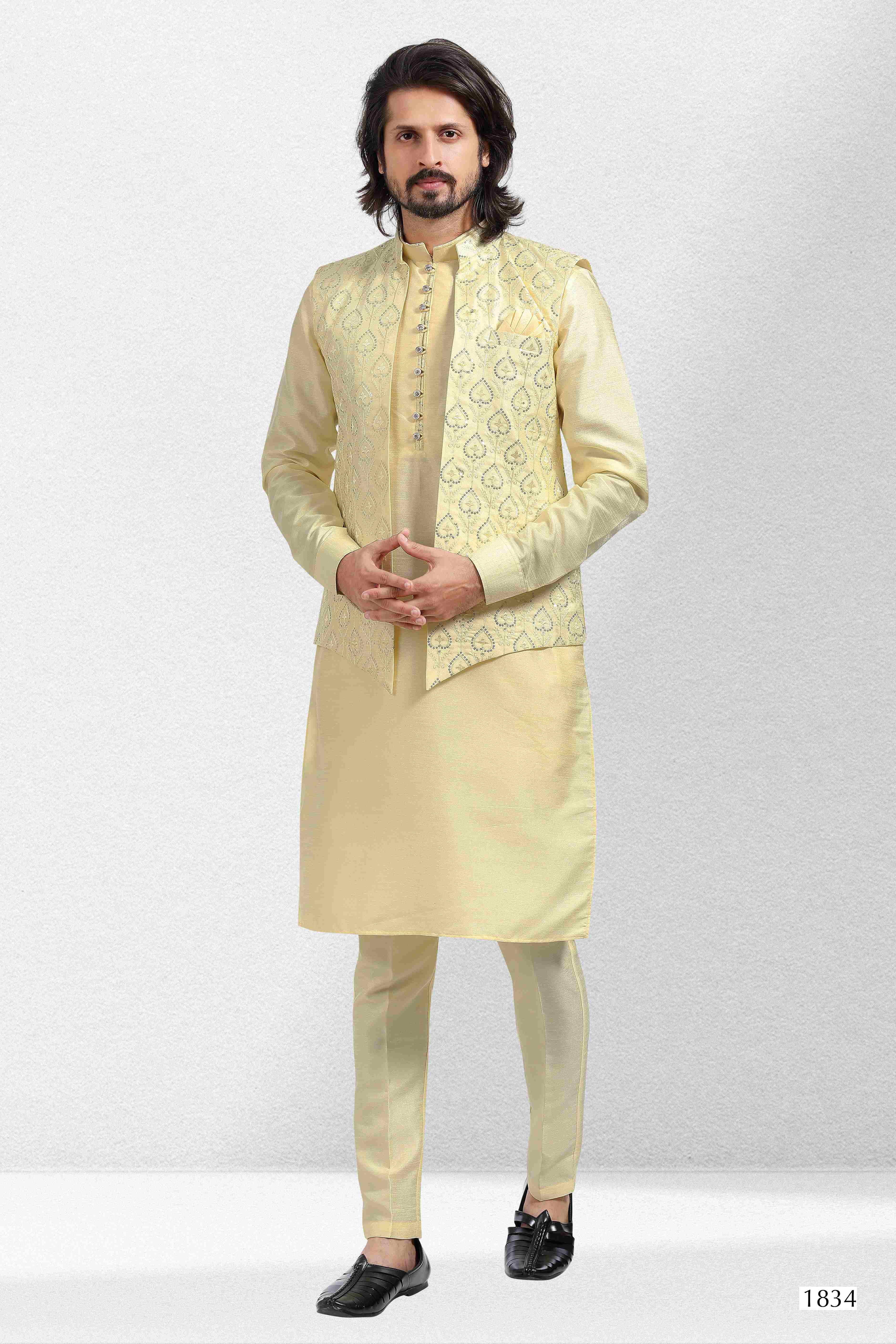 Raivat Ethnic Art Banarasi Silk Thread Work 3 Pics Jacket Set In Yellow Colour - Distacart