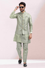 Thumbnail for Raivat Ethnic Art Banarasi Silk Thread Work 3 Pics Jacket Set In Pista Green Colour - Distacart