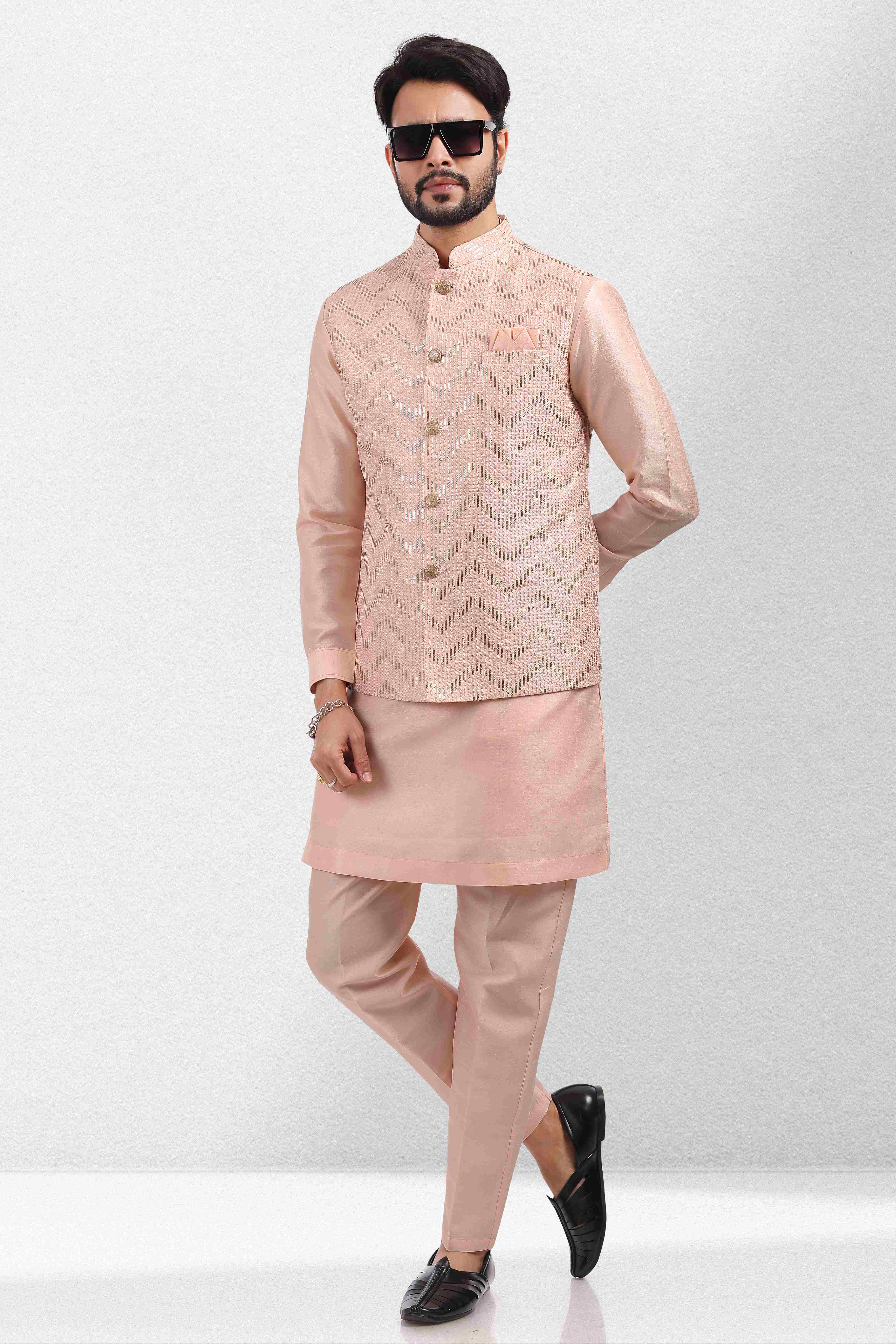 Raivat Ethnic Art Banarasi Silk Thread Work 3 Pics Jacket Set In Peach Colour - Distacart